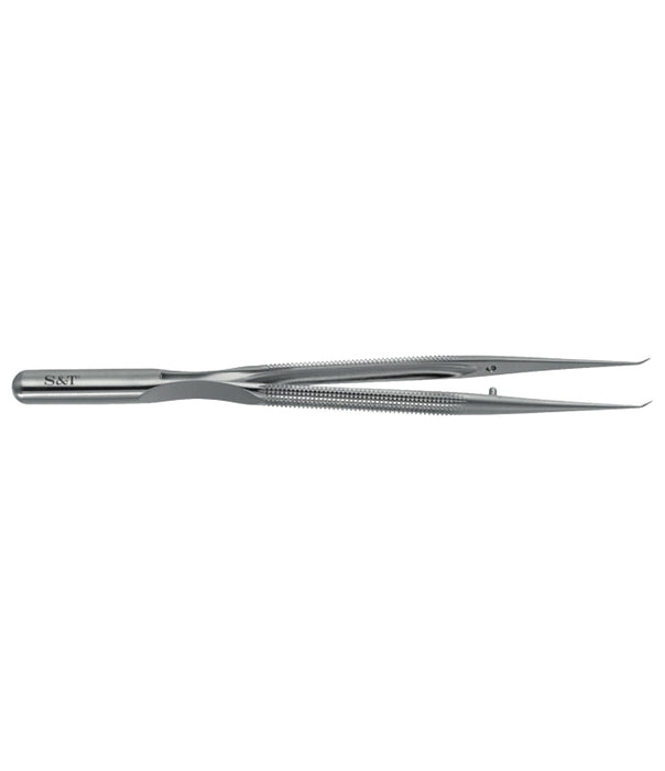 S&T Special Forceps 15 cm long, 8mm round handle, angled 45 degrees, tip 0.2mm (00592)